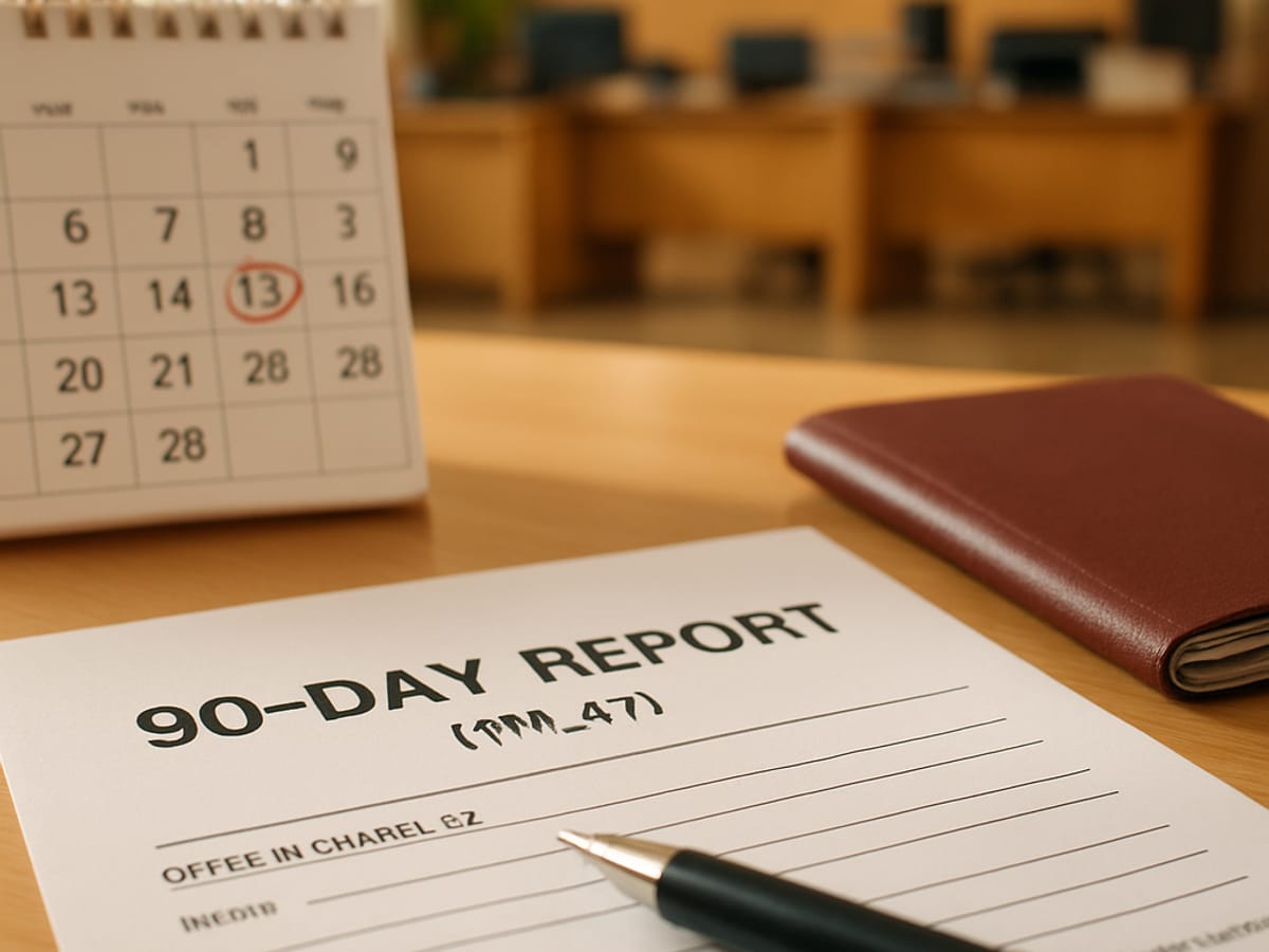 Formulaire TM.47 du 90 Days Report avec passeport et calendrier sur un bureau.