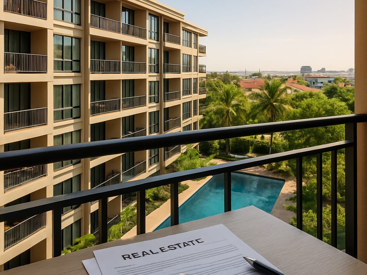Condominium moderne à Bangkok avec piscine, vu depuis le balcon avec documents immobiliers.