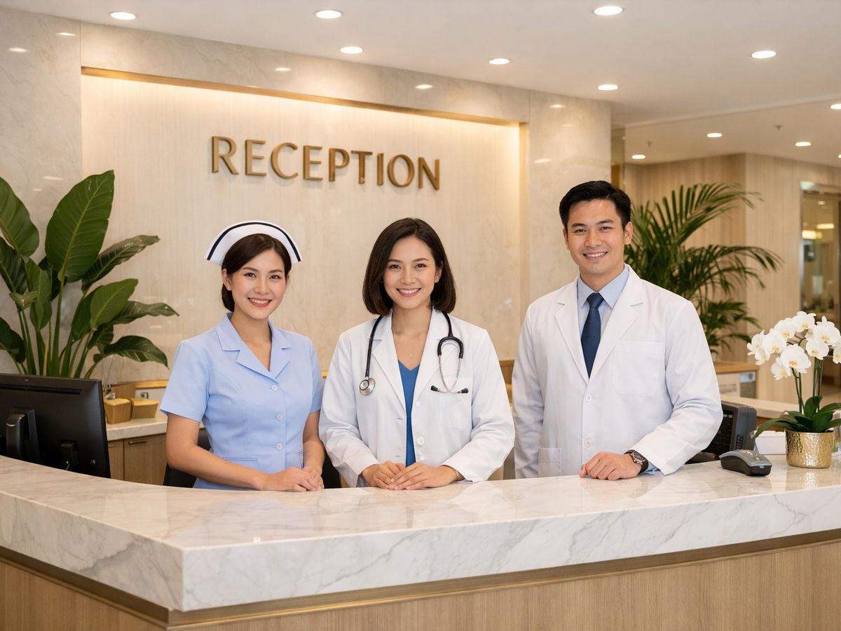 Réception d'un hôpital privé moderne en Thaïlande.