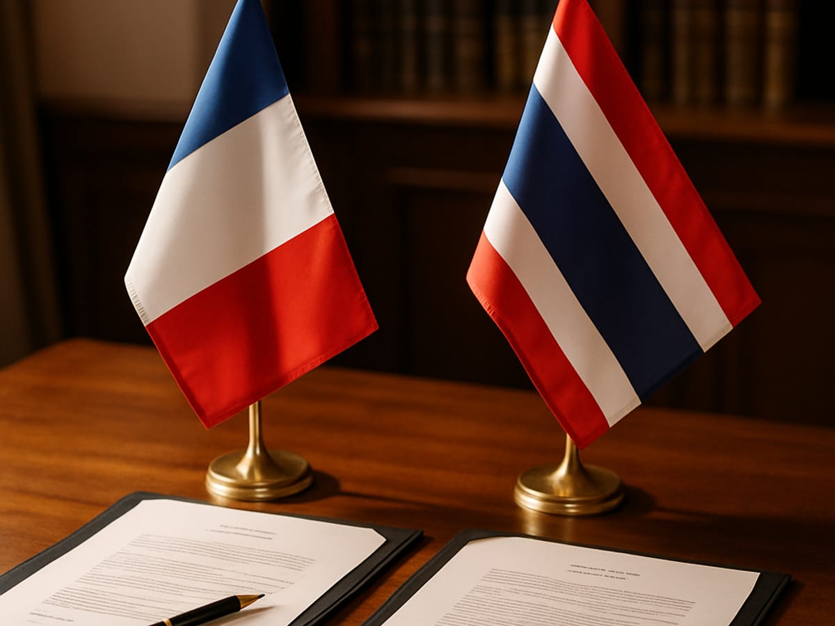 Drapeaux français et thaïlandais sur une table diplomatique avec documents officiels.