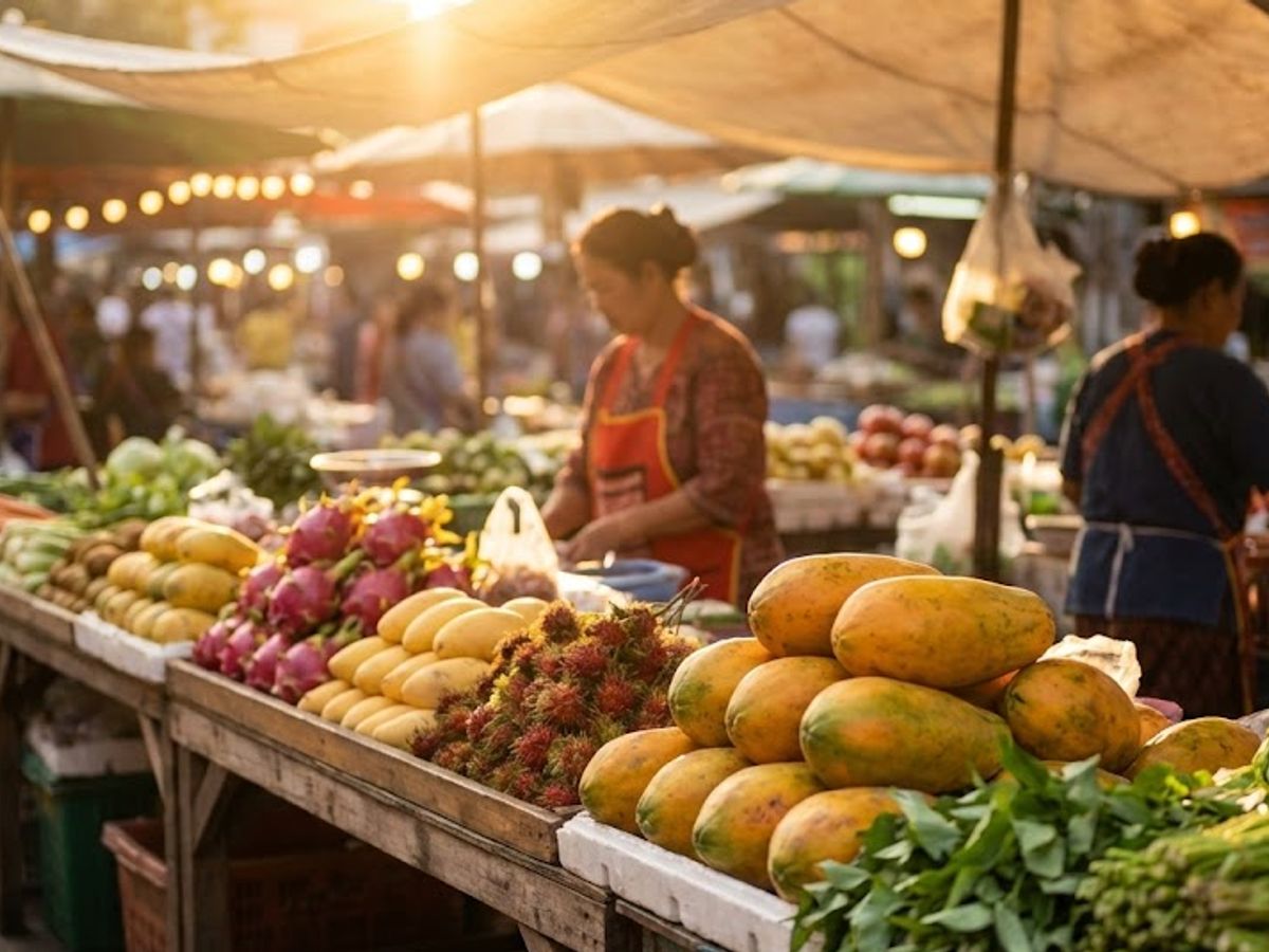 Marché thaïlandais coloré illustrant le coût de la vie en Thaïlande.