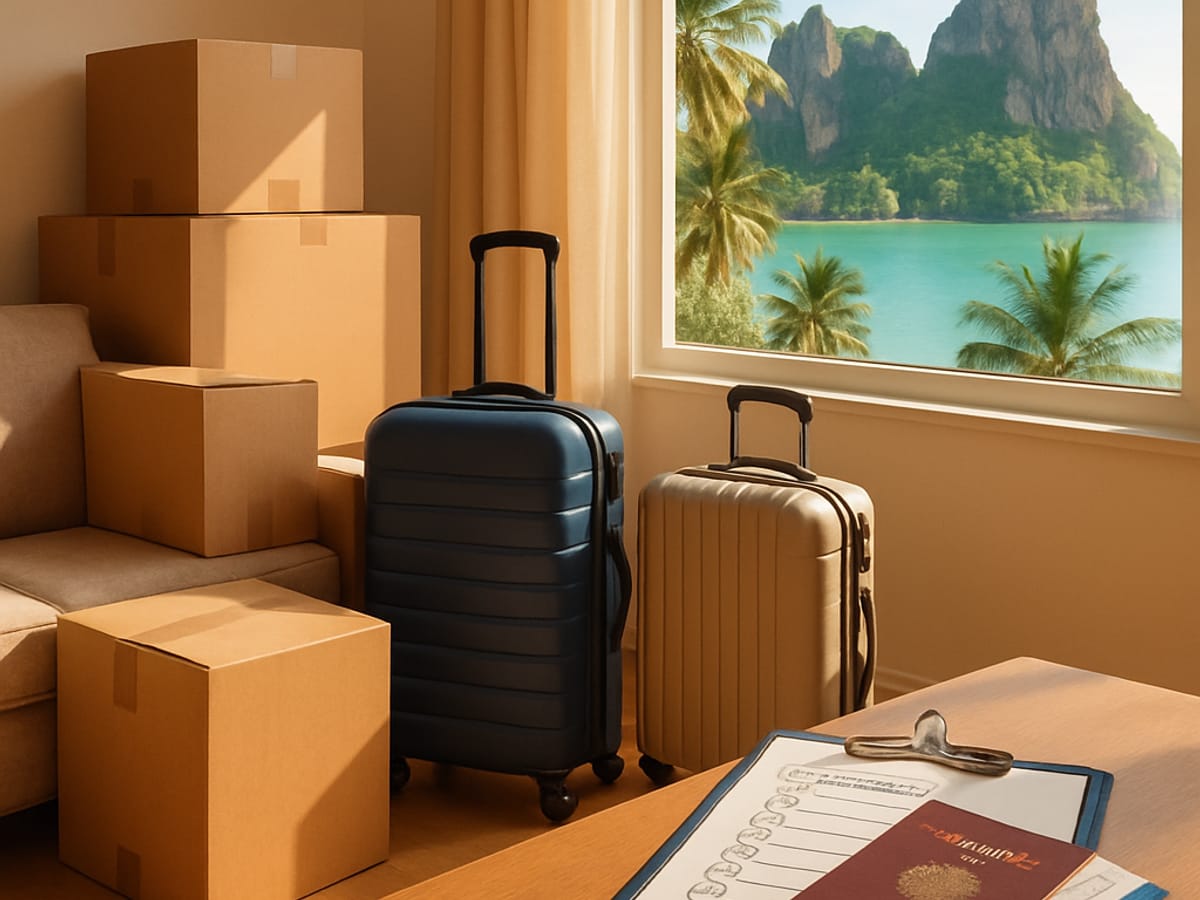 Cartons de déménagement et checklist avec passeport et billets d'avion.