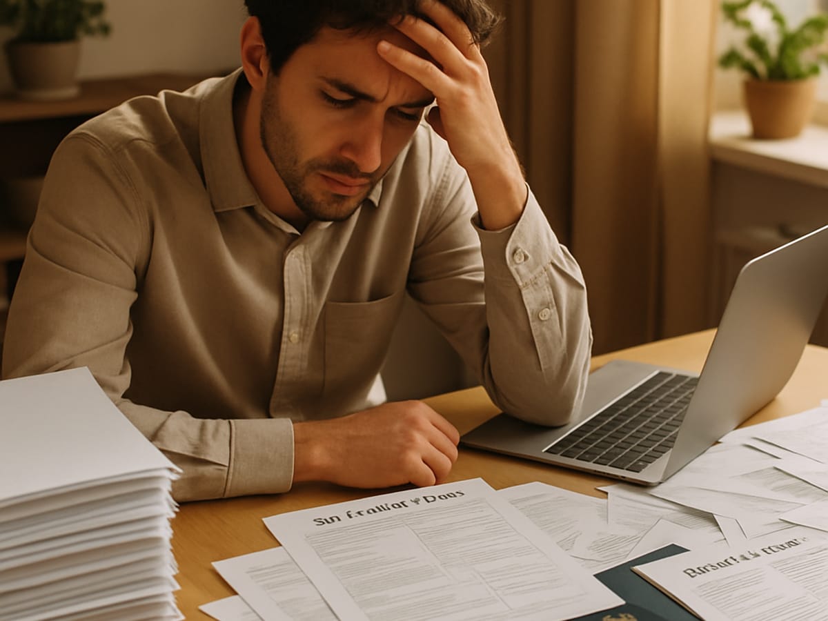 Personne hésitant devant des documents de visa éparpillés sur un bureau.