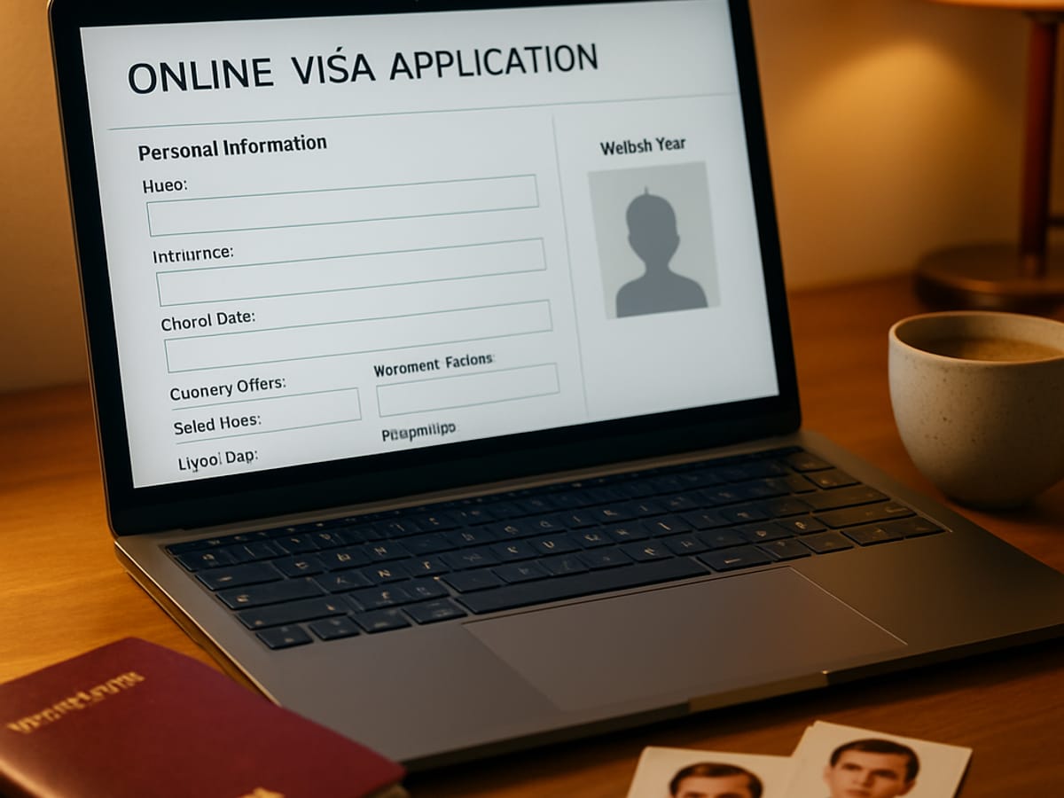 Écran de laptop avec formulaire e-Visa, passeport et café sur un bureau.