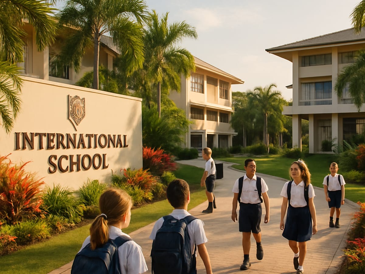 Entrée d'une école internationale en Thaïlande avec enfants en uniforme.