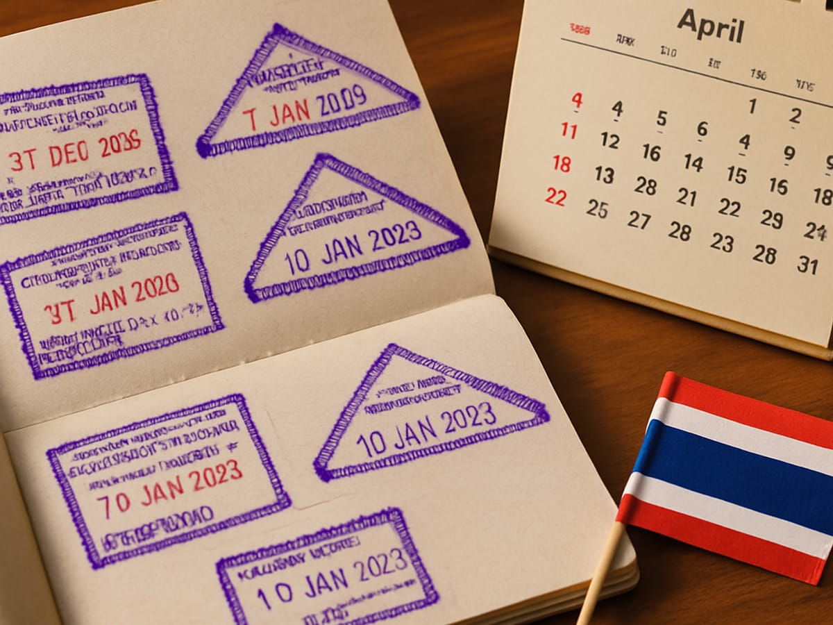 Passeport avec tampons d'immigration thaïlandaise et calendrier sur un bureau.