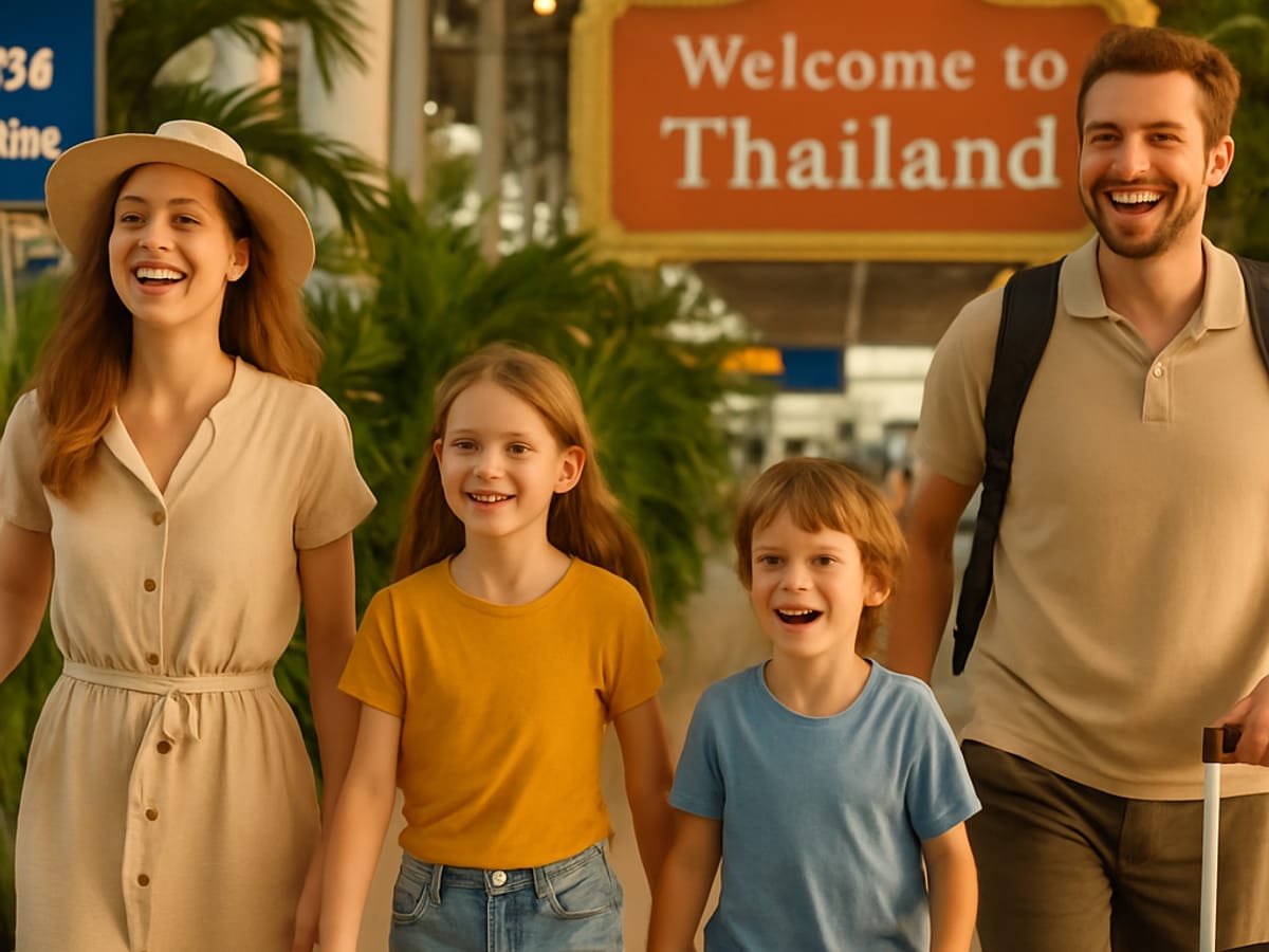 Famille européenne avec enfants arrivant à l'aéroport thaïlandais avec valises.