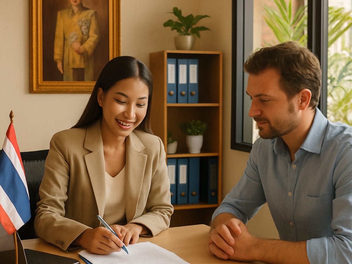 Bureau d'agence visa à Bangkok avec consultant aidant un client européen.