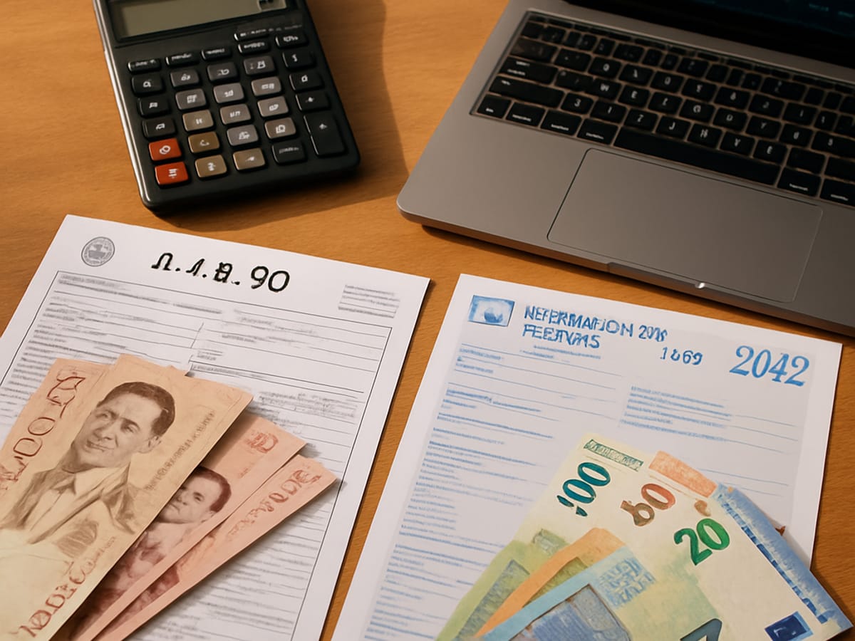 Documents fiscaux thaïlandais et français avec calculatrice et billets de baht.