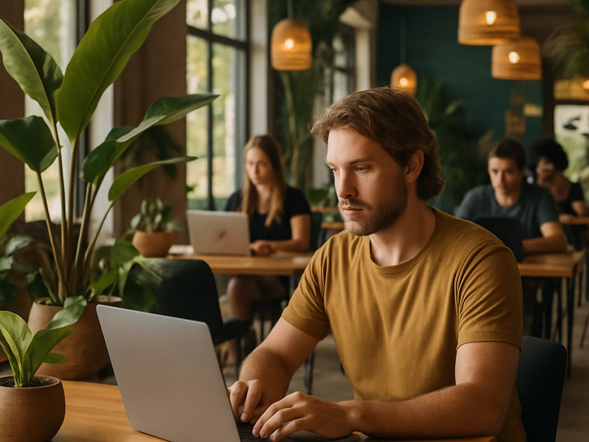 Digital nomad travaillant sur laptop dans un coworking à Chiang Mai.