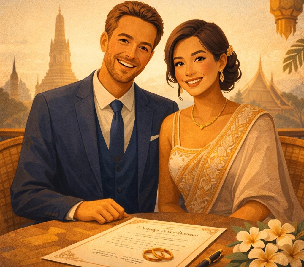 Illustration d'un couple marié en Thaïlande pour un visa mariage.