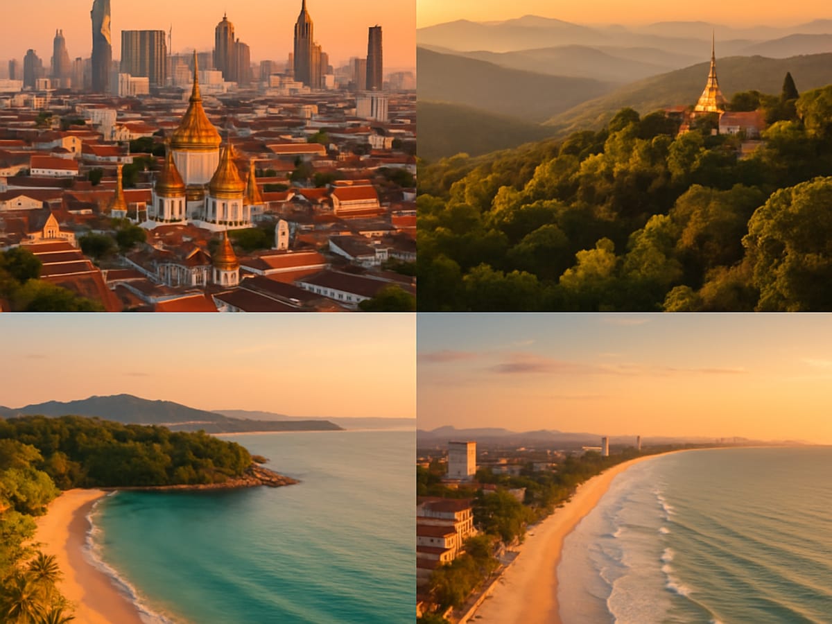 Vue aérienne de Bangkok, Chiang Mai, Phuket et Hua Hin au coucher du soleil.