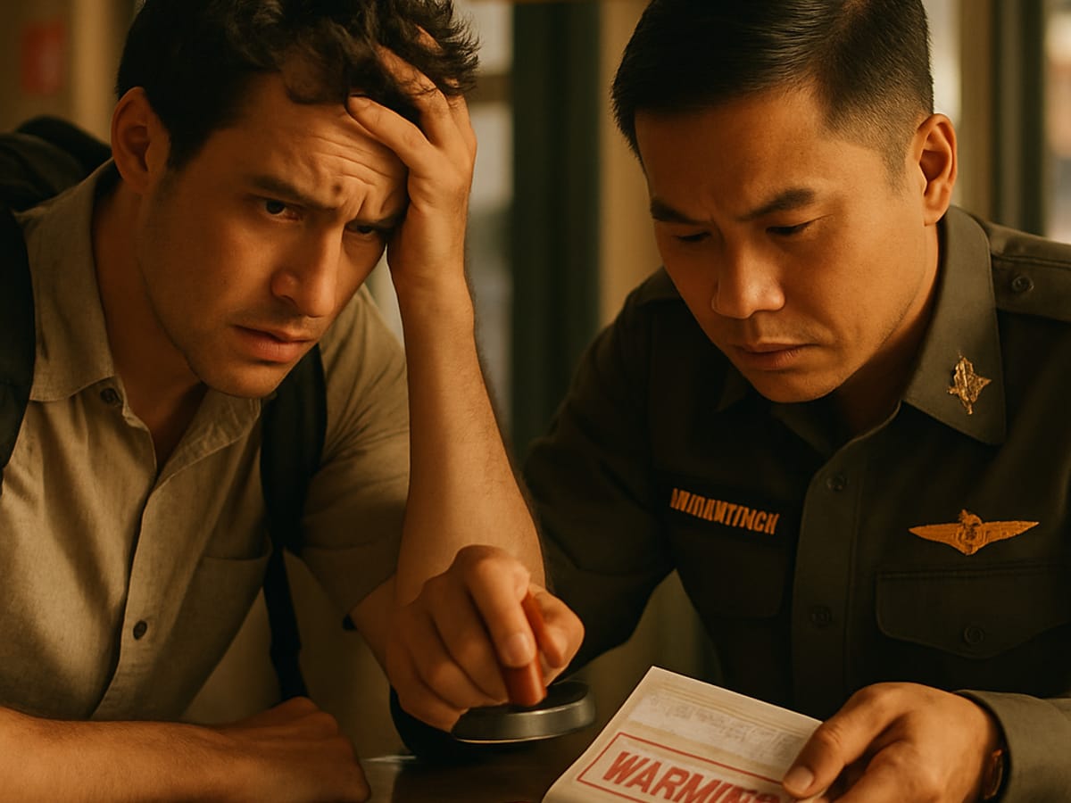 Contrôle d'immigration thaïlandais avec officier vérifiant les documents d'un voyageur.