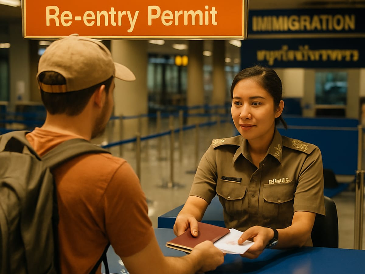 Voyageur au comptoir de re-entry permit à l'aéroport thaïlandais.