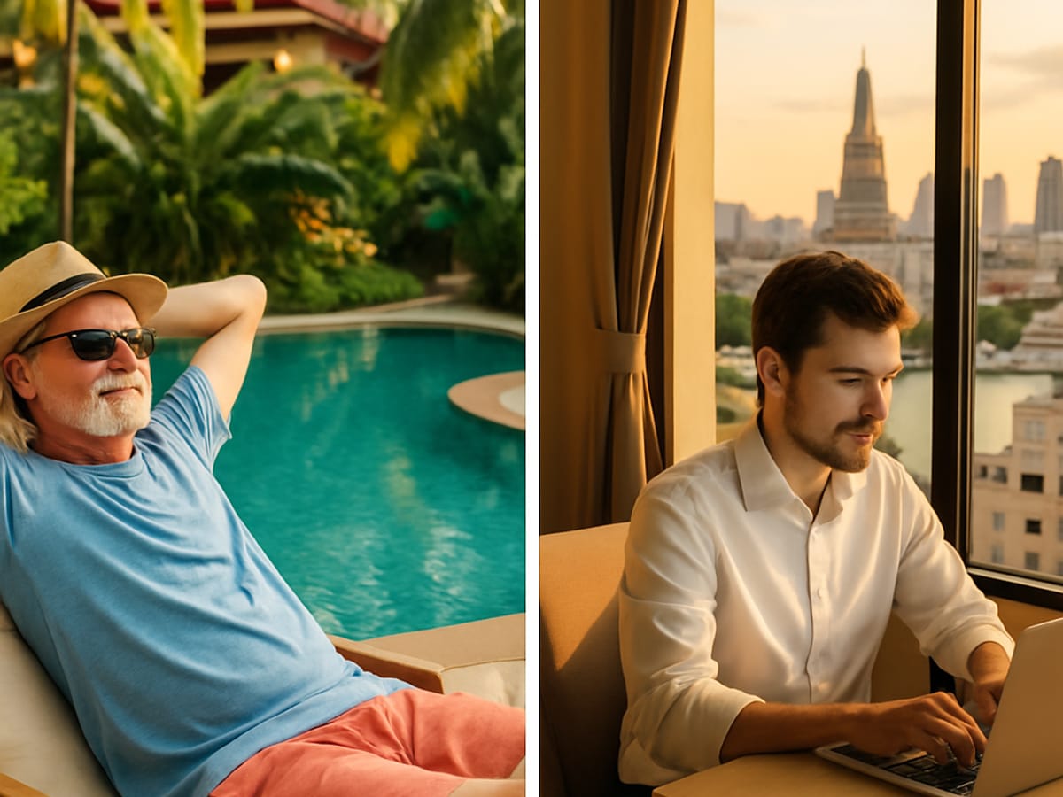 Comparaison entre retraité au bord de la piscine et professionnel en appartement à Bangkok.