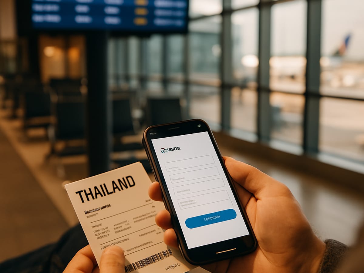Voyageur remplissant un formulaire numérique sur smartphone à l’aéroport.