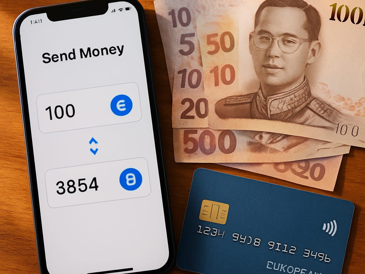 Smartphone avec application de transfert d'argent euro-baht et billets thaïlandais.