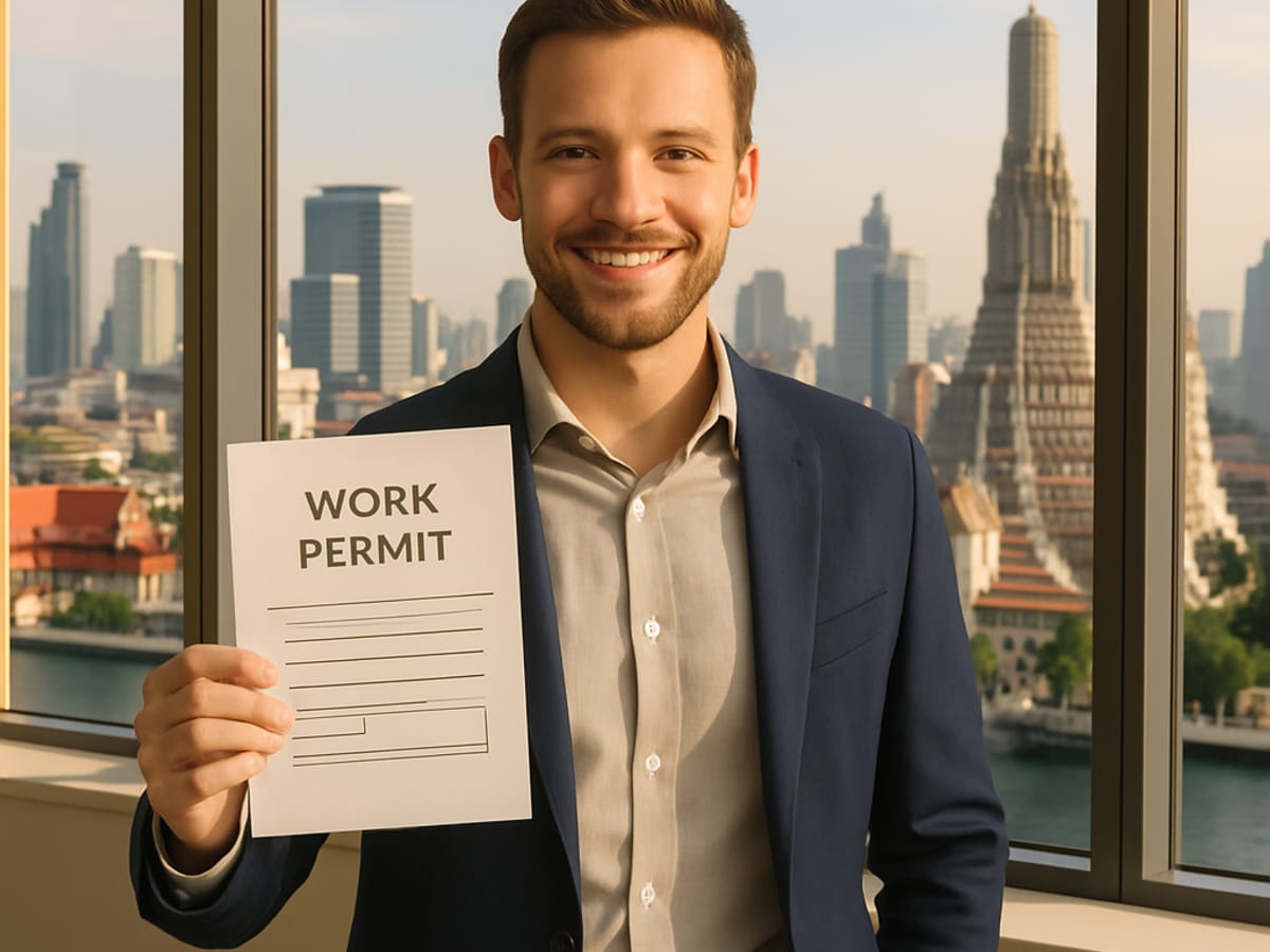 Professionnel européen dans un bureau moderne à Bangkok avec document de work permit.