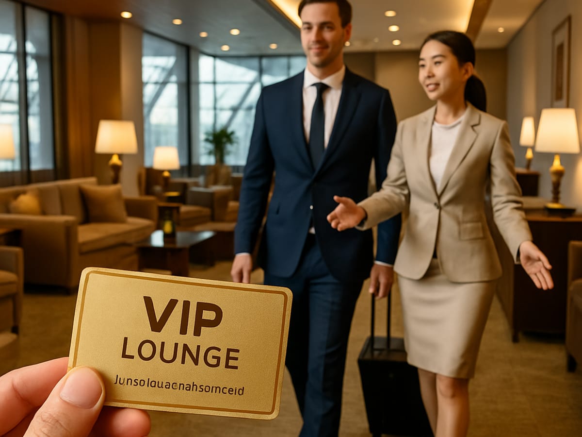 Salon VIP luxueux à l'aéroport de Suvarnabhumi avec carte de membre dorée.