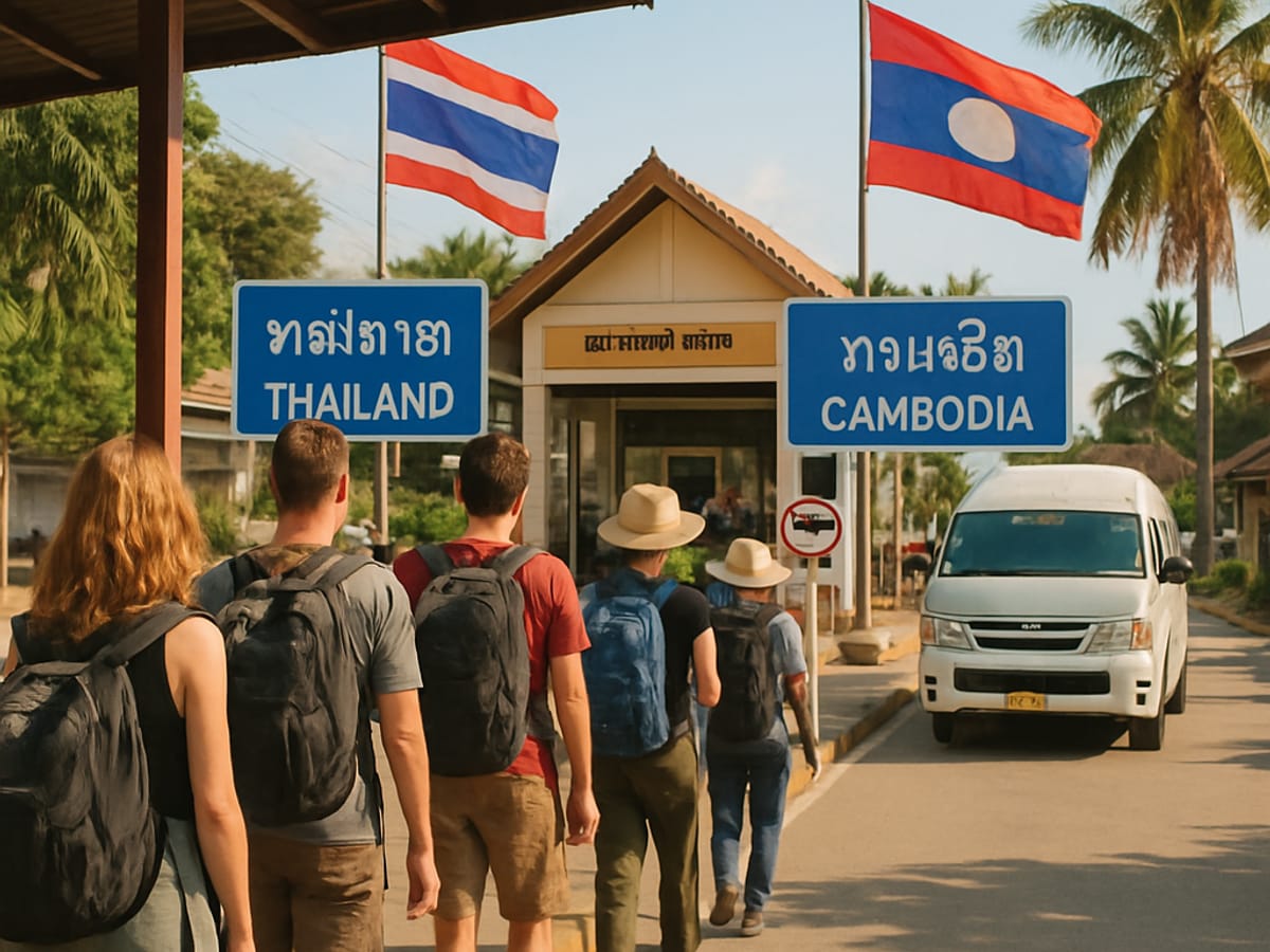 Poste frontière terrestre thaïlandais avec file de voyageurs et minivan.