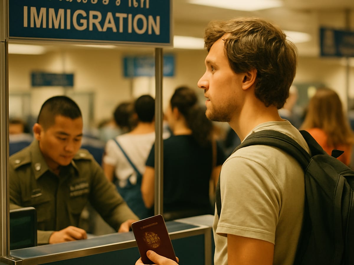 Touriste français au comptoir d'immigration thaïlandaise avec passeport en main.